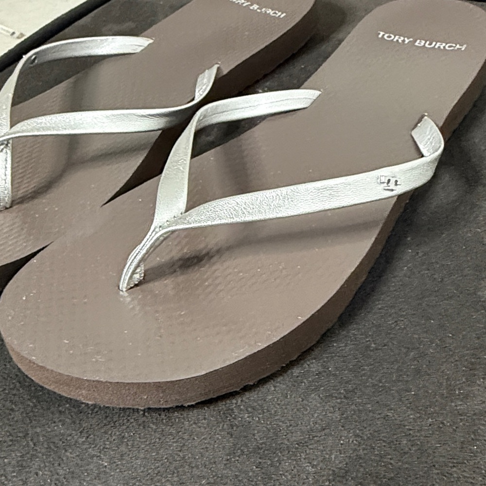 TORY BURCH, Silver and Brown Flip Flops - Picture 5 of 6